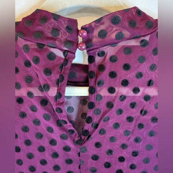 Lane Bryant Sheer Mock-Neck Mesh Purple with Black Polka Dots Long Sleeve Top - Picture 4 of 9